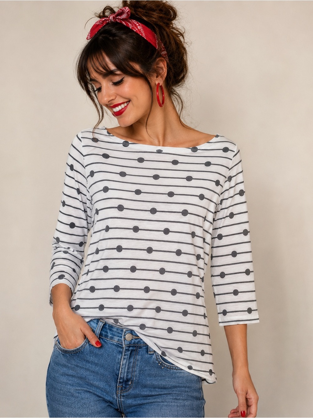 Rebecca Malone XL Black & White Dot Stripe 3/4 Sleeve Top